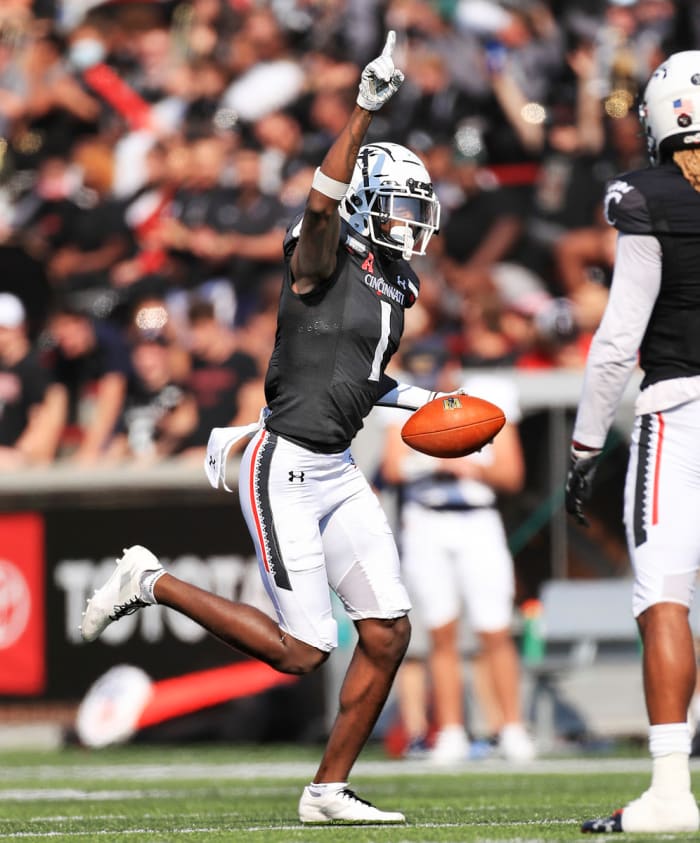 Sauce Gardner celebrates an interception for Cincinnati.
